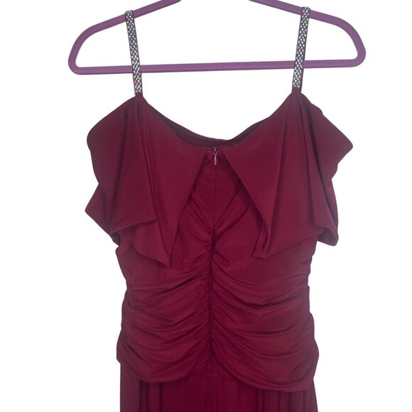 Burgundy Cold Shoulder Jumpsuit W/‎ Rhinestone Straps Size M - Picture 5 of 13
